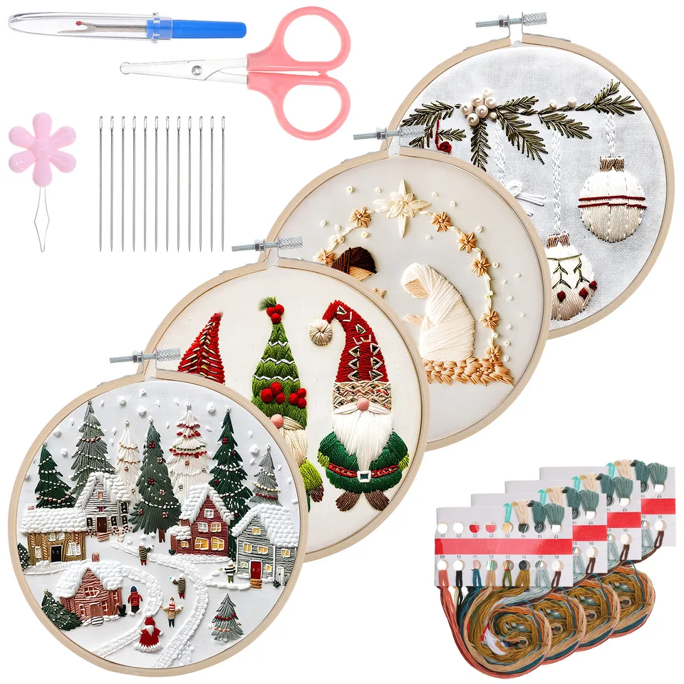Kit Ricamo Per Principianti 3 Pezzi - Telaio In Legno, Fili Colorati, Forbici E Accessori - 4