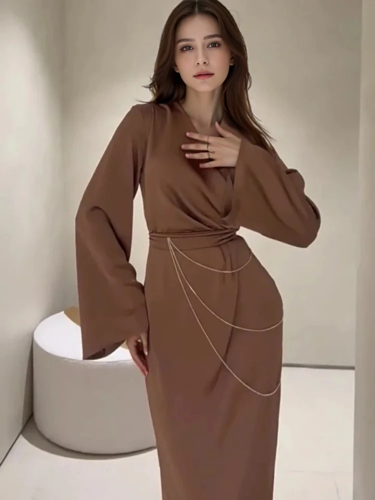 

Мусульманское платье на весну Eid для женщин Abaya Chian вечерние платья Рамадан с V-образным вырезом на шнуровке Дубайский арабский длинный халат 2024