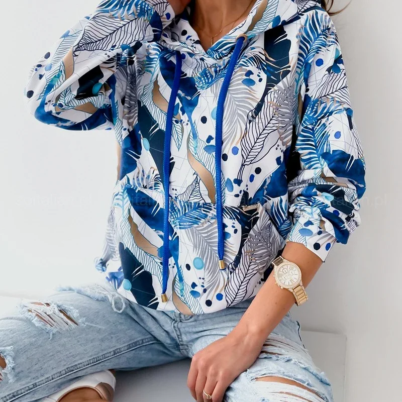 FashionPrinted Loose Bat Sleeve Long Sleeve Ladies Straight Casual Loose Hooded Sweater Pullover Sweatshirt Harajuku Korean Top