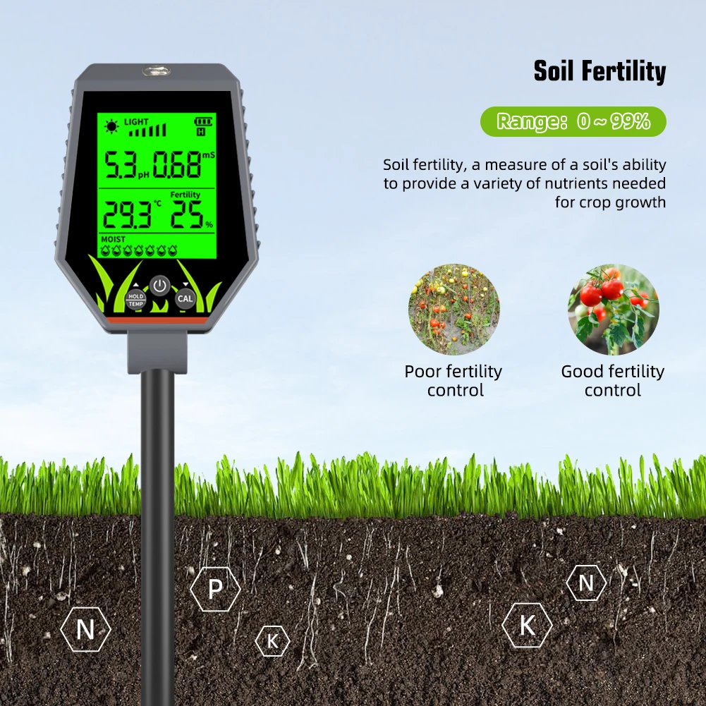 Soil Meter Digital pH Moisture Fertility Light Temp Humidity Analyzer for Garden