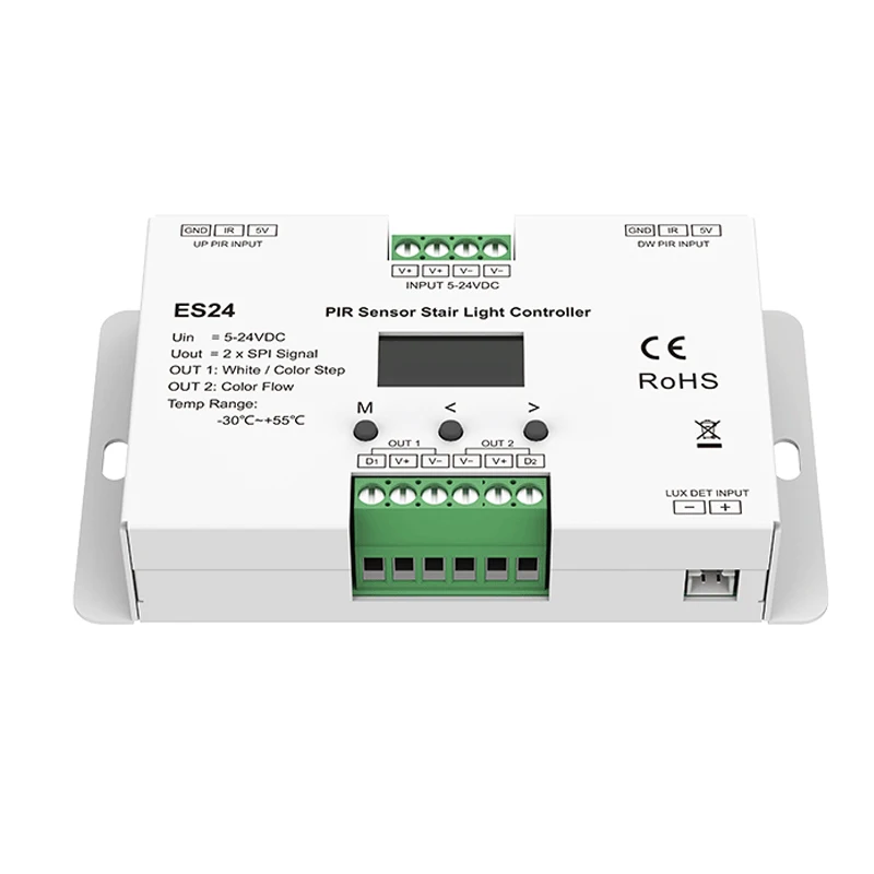 

New 5V-24VDC ES24 PIR Sensor Stair Light Controller 24CH*1A Max 720 Pixels for TM1812 UCS1903 WS2811 WS2812 IC LED Pixel Lamp
