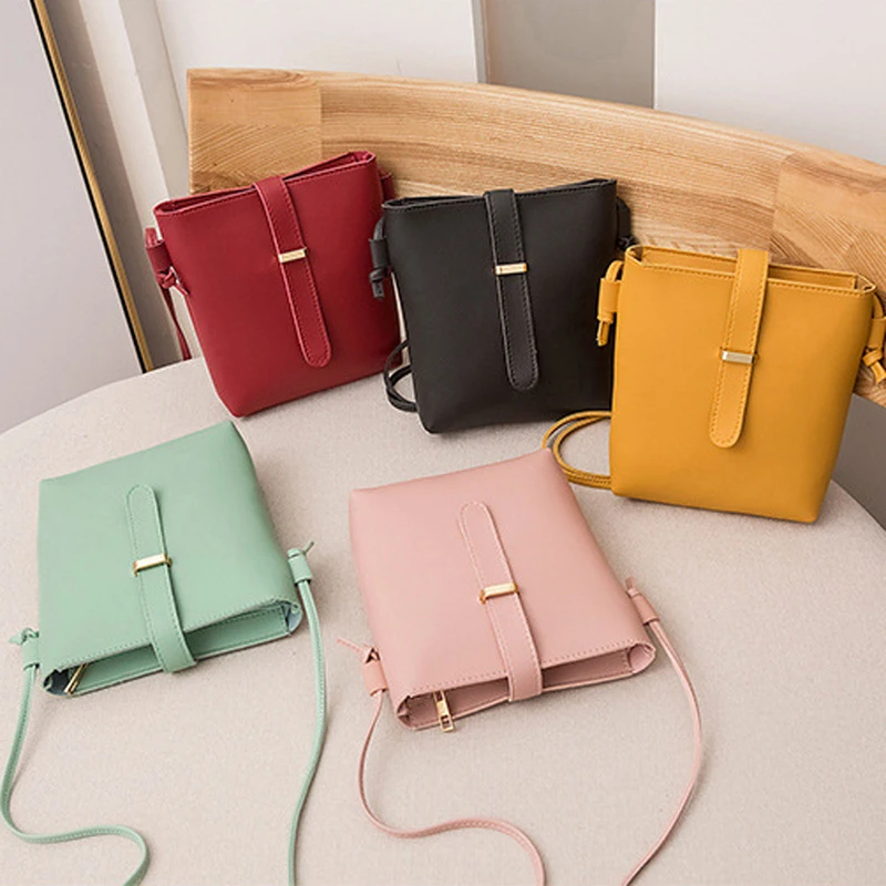 5-Color Women's Fashion Small Fresh Crossbody Bag PU Leather Solid Color Shoulder Bag Date and Shopping Bucket