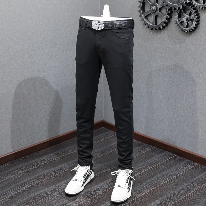Fashionable New Men's Jeans Zipper Front Wash Nostalgic High Street Trend Hip Hop Brand High Quality Elastic Slim Fit Jeans