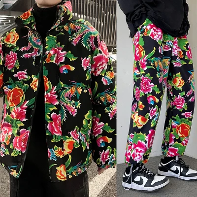 Northeast Big Flower Print Cotton-Padded Coat Men's, Red New Year Flower Coat Trendy Thickened Pattern Cotton-Padded Coat