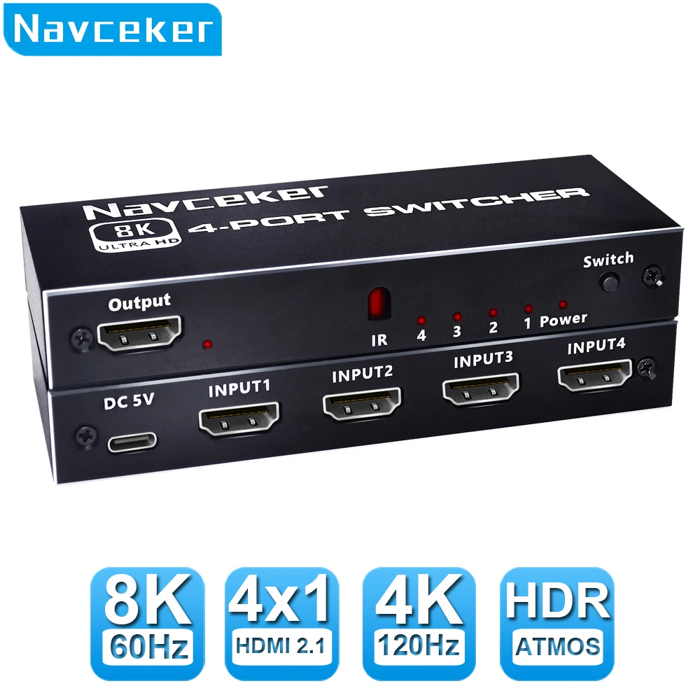 Navceker 8K Hdmi 2.1 Switcher Selector 4K 120Hz Hd Switch Splitter Hdmi 4 In 1 Out 3 In 1 Out Per Laptop Pc Switch Tv Box Ps5