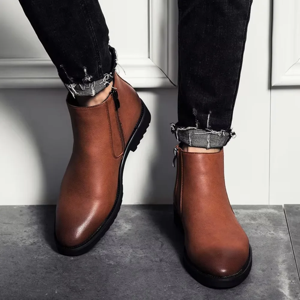 Spring Fashion Leather Men's Boots Convenient Zip Pointed Toe Business Dress Boots Shoes for Men Ankle