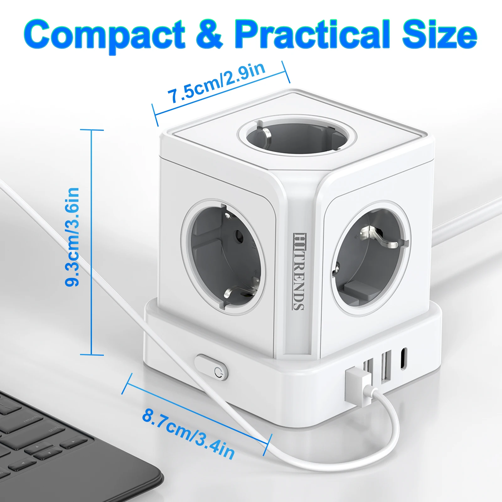 Enhanced Tower Power Socket with Surge Protection - Features 5 AC Outlets, 3 USB Ports, and 1 Type-C Port