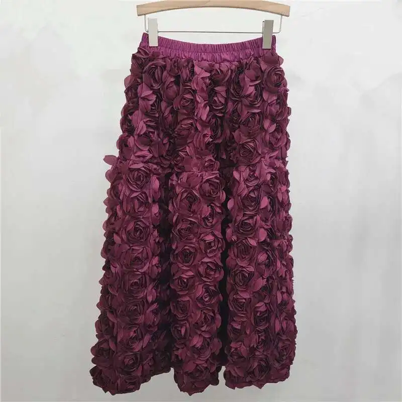 DEAT 2024 Autumn New Versatile Three Dimensional Flower Mid-calf Skirt High Waist Big Swing Fashion A-line Skirts Female 33A2033