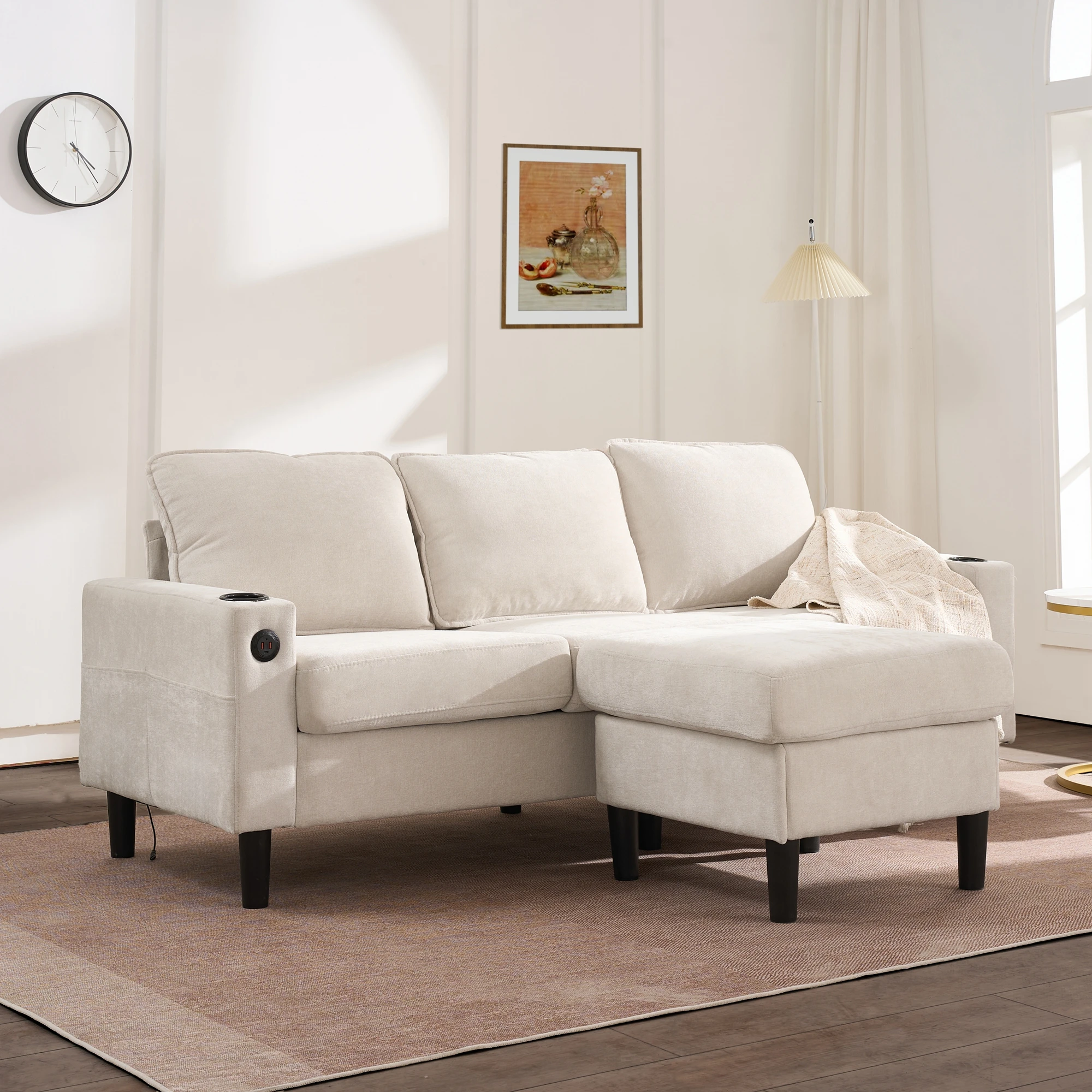 KOMHTOM Gepolstertes L-förmiges Schlafsofa Leinen, 3-Sitzer mit USB- & Typ-C-Anschlüssen + 2 Getränkehaltern – Detail 2