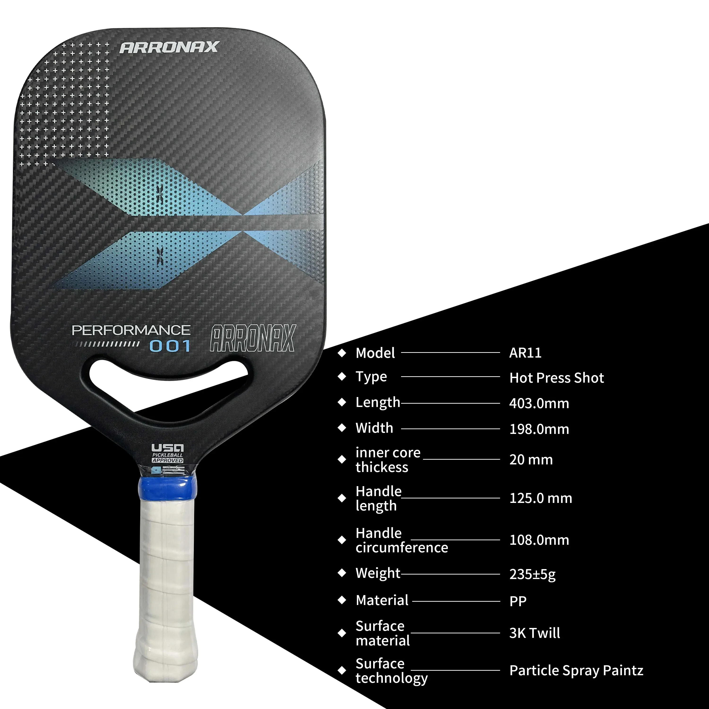 Pala per Pickleball approvata USAPA pagaia allungata 20mm di spessore nucleo attrito 3K superficie in fibra di carbonio senza bordi AR11