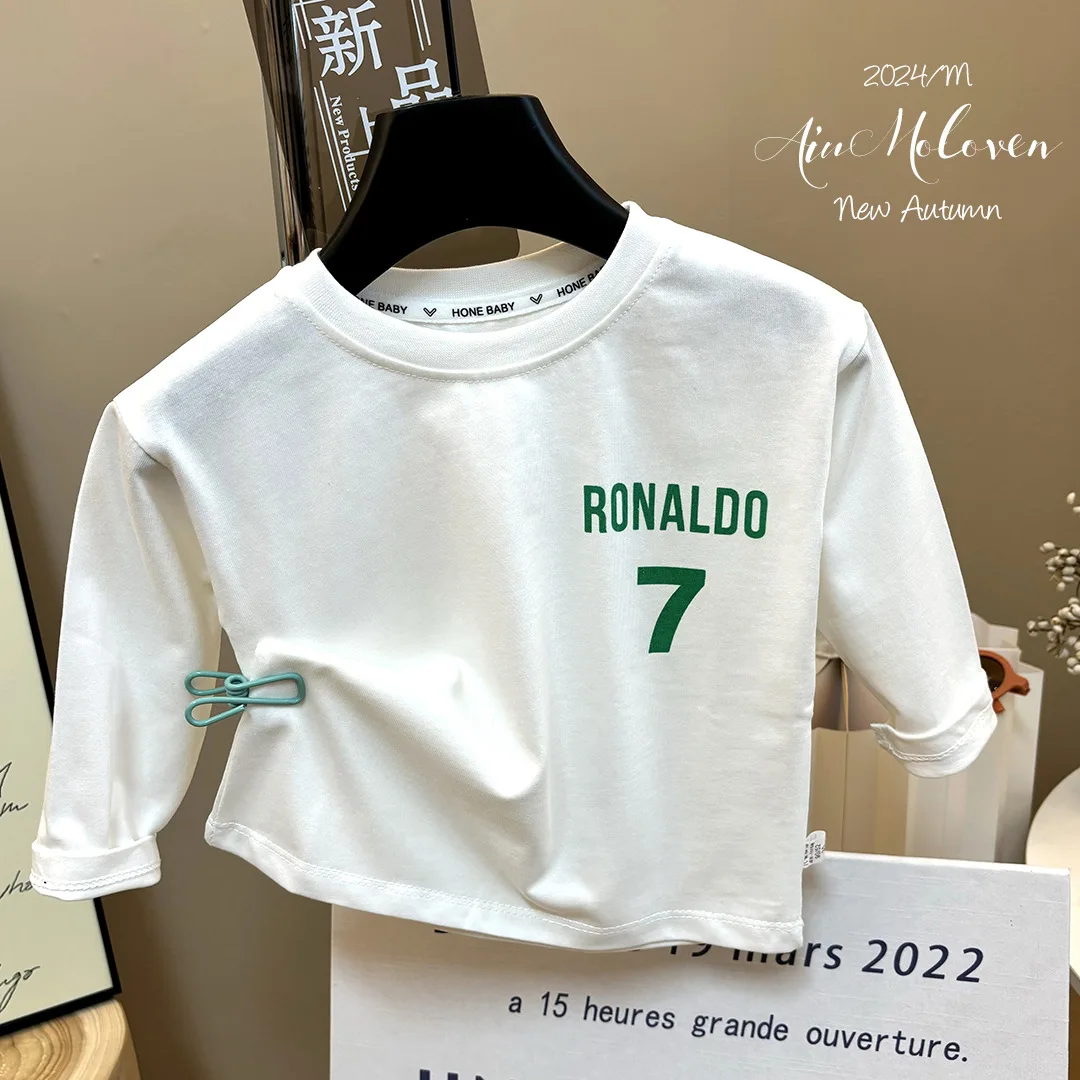 2024 Autumn Children Boys Undershirts Cotton Letter Printed Long Sleeve Baby Boy Tops Loose Casual Round Collar Toddler Boy Tees 3