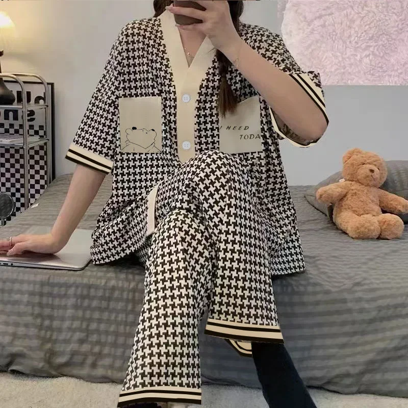 ملابس نوم أنيقة تشبه القطن للنساء صيفية بأكمام قصيرة وسراويل طويلة مكيفة للغرفة ملابس خارجية غير رسمية مجموعة ملابس منزلية