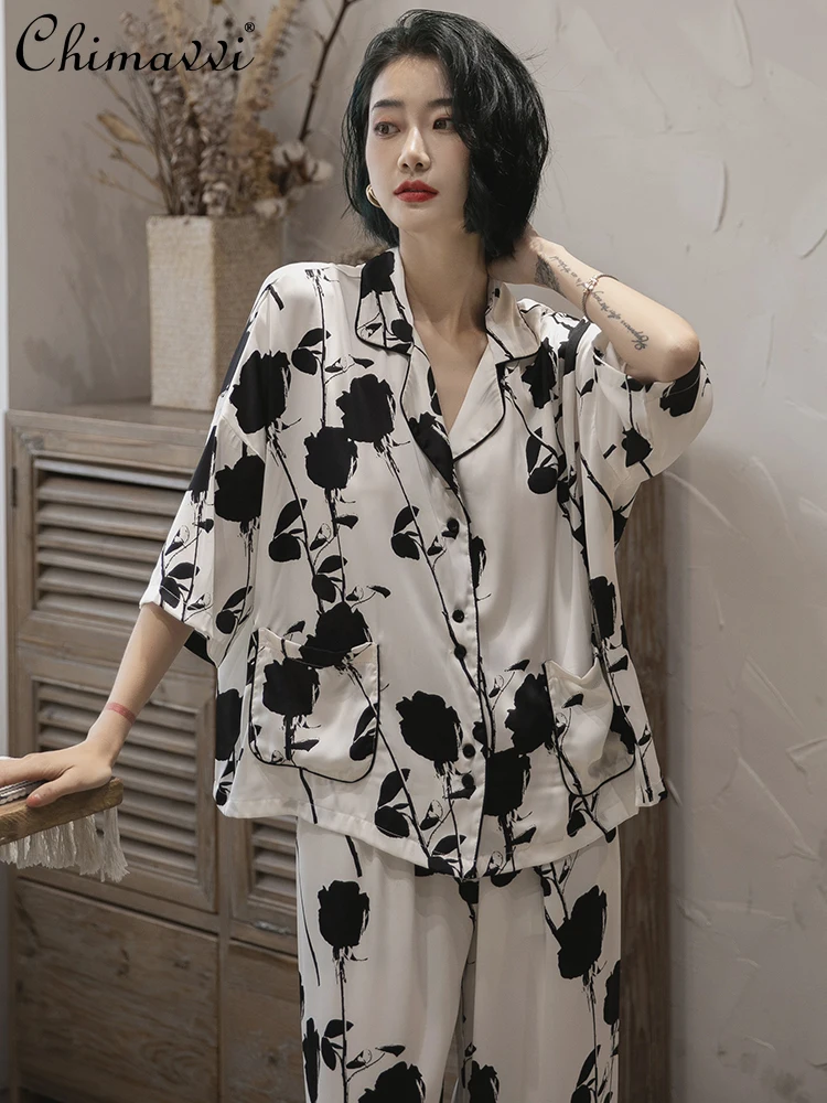 

2021 New Pajamas Women's Spring and Summer Thin National Style Silk Loose Sleepwear Oversize Sexy Pijamas Women Two Piece Set