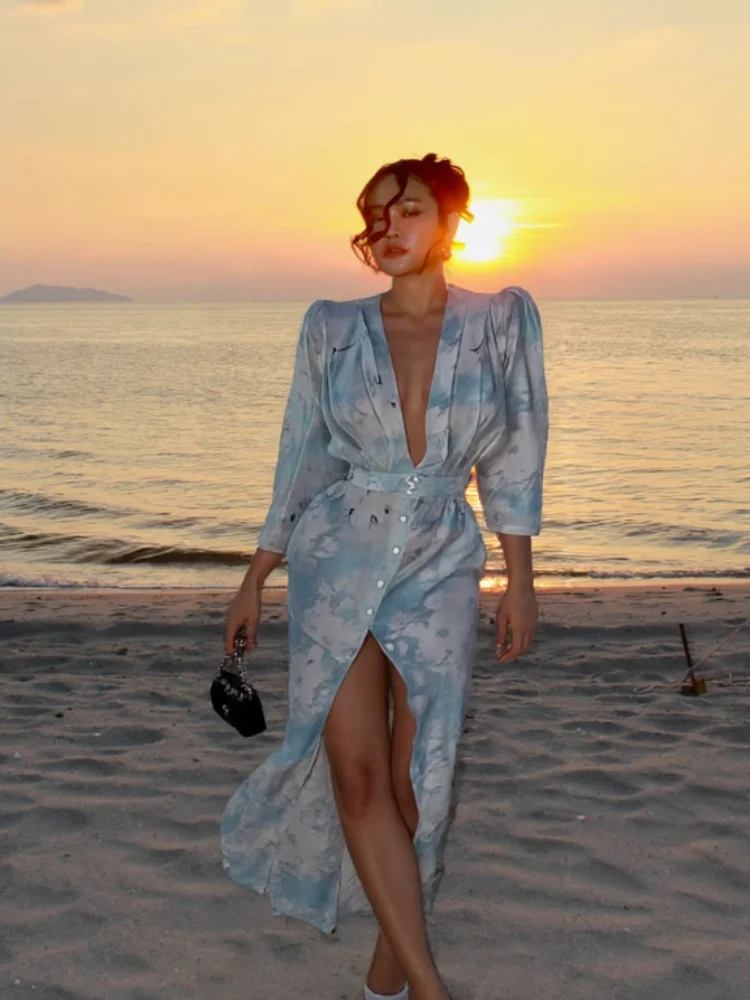 Fashion Printed Deep V Neck Women Slim Dresses Chic Long