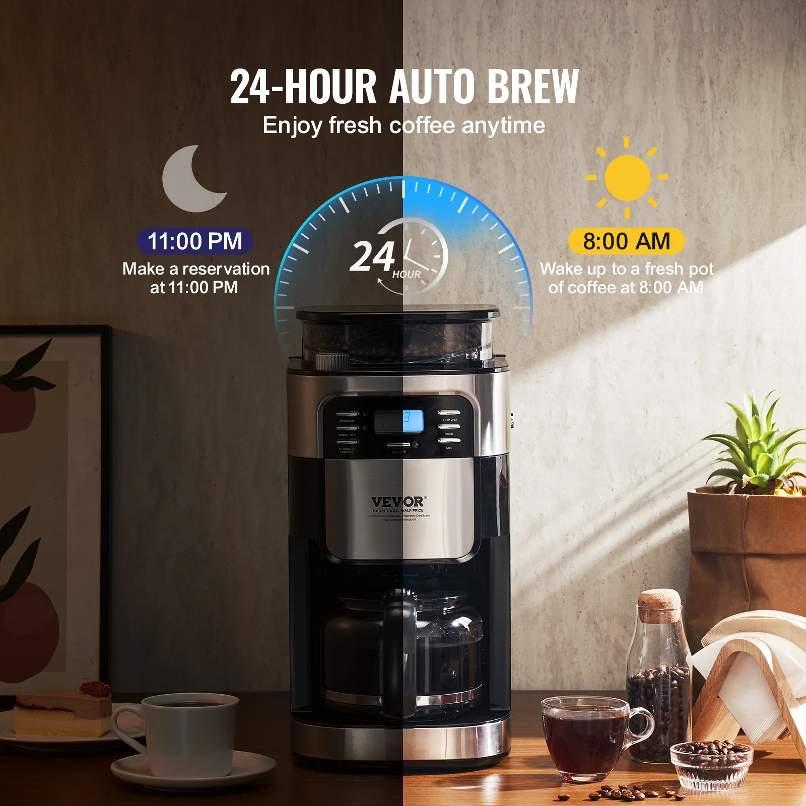 VEVOR Coffee Maker with Grinder, 12 Cup Grind and Brew Coffee Maker with 3 Brew Strength Control, 24-Hour Timer for Auto Brew 4