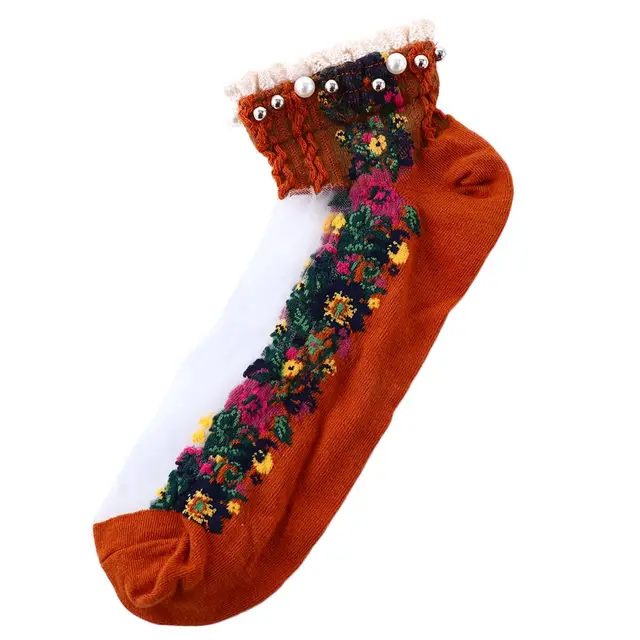 Fashion Elastic Socks Crystal Glass Silk Ultrathin Lace Literary Sale 1 Pair Summer Transparent Jacquard Short Socks C
