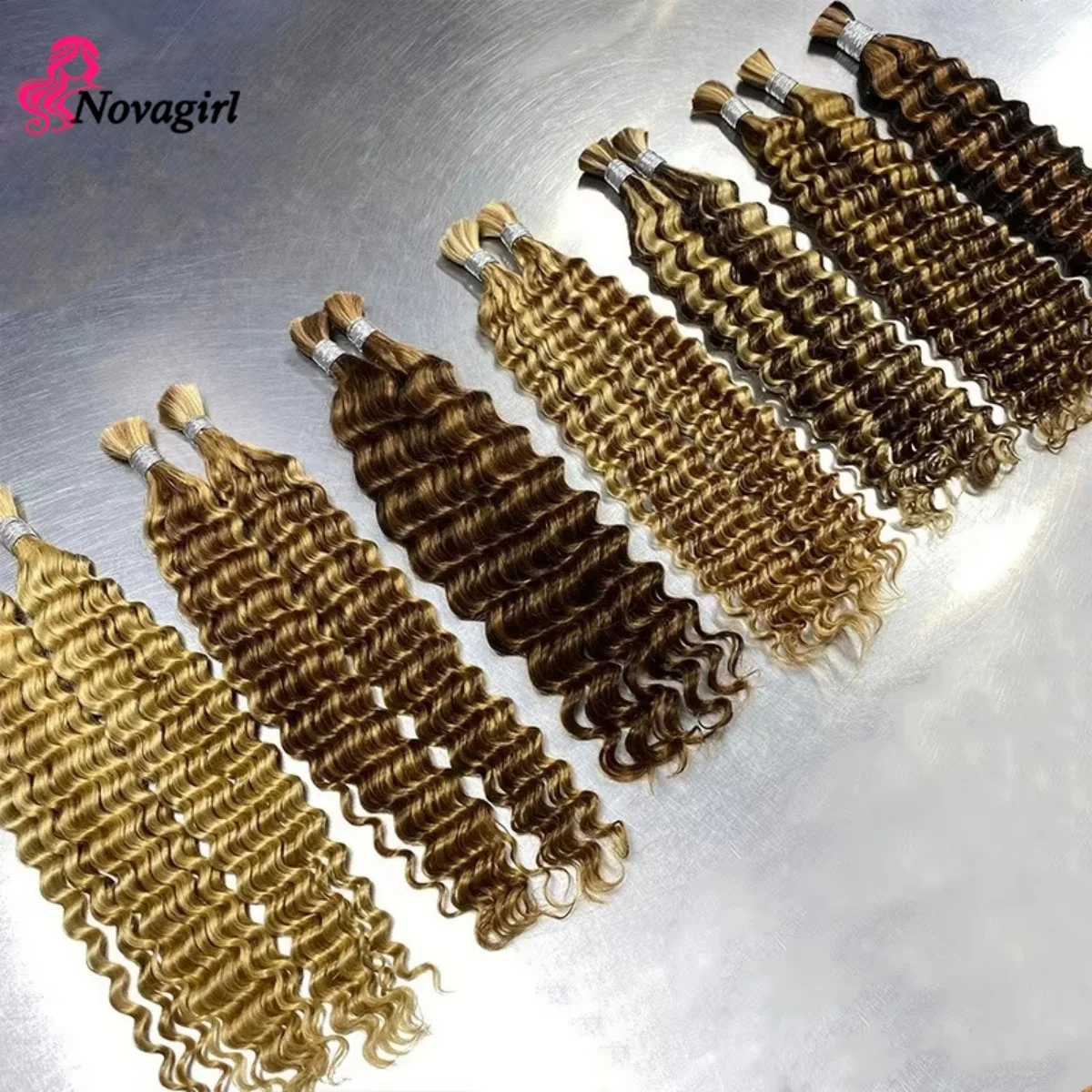 Human Braiding Hair for Boho Braids 50g/Pack Highlight Deep Wave Bulk Human Hair 4/27 Ombre Knotless Braiding Hair Extensions 1