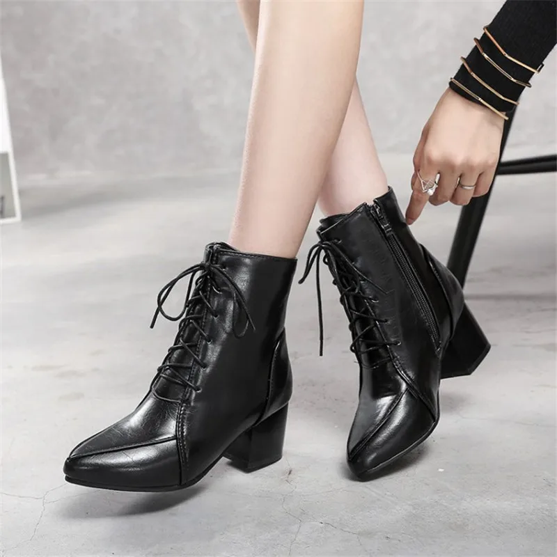 Size32-45 Autumn Winter Women Ankle Boots Plush Female Boots Fashion High Heel Women Work Shoes Pointed Toe Lace-Up Women Shoes