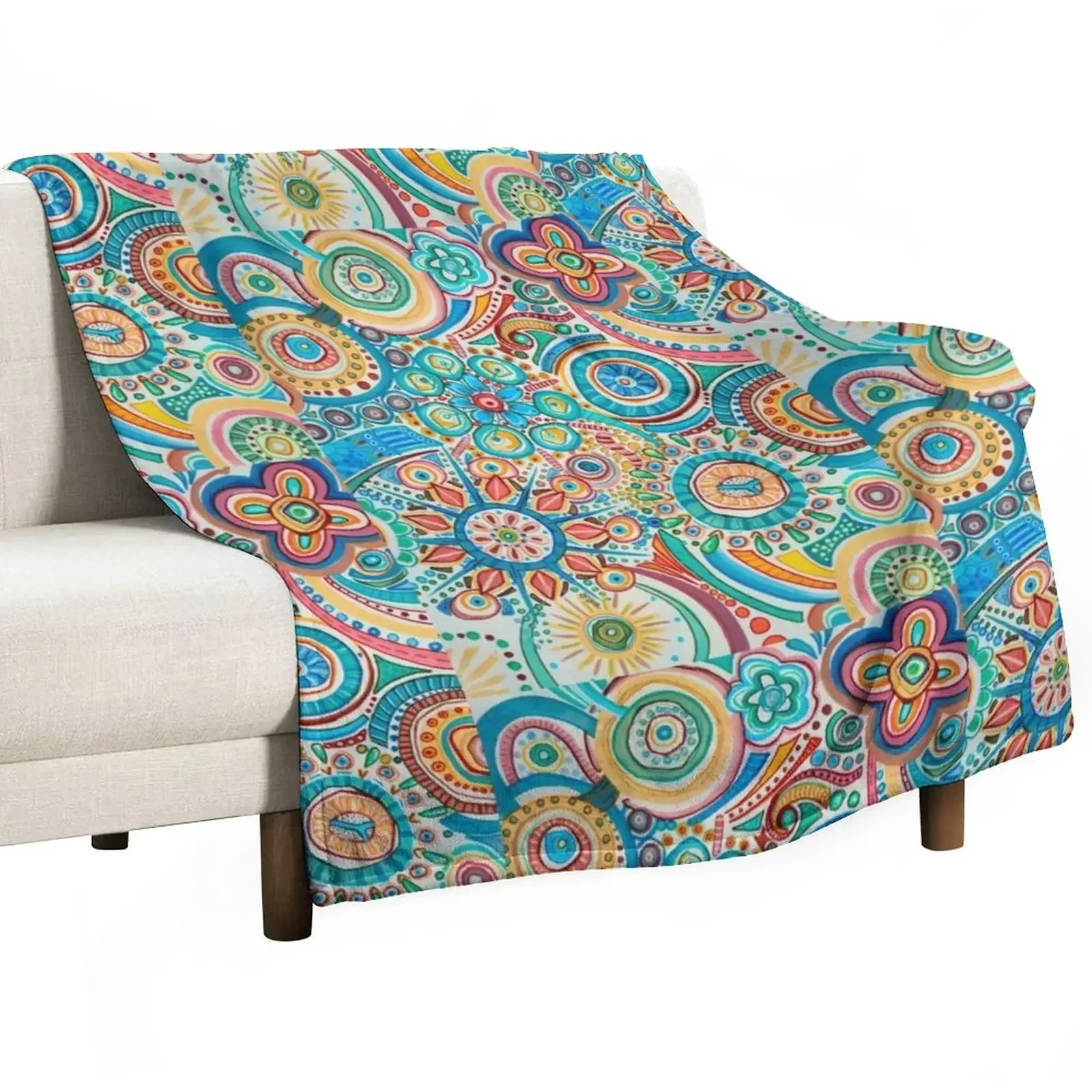

Joy with flowers, stars, blue, yellow, green, orange, red mandala Throw Blanket Loose Luxury St Plush Blankets