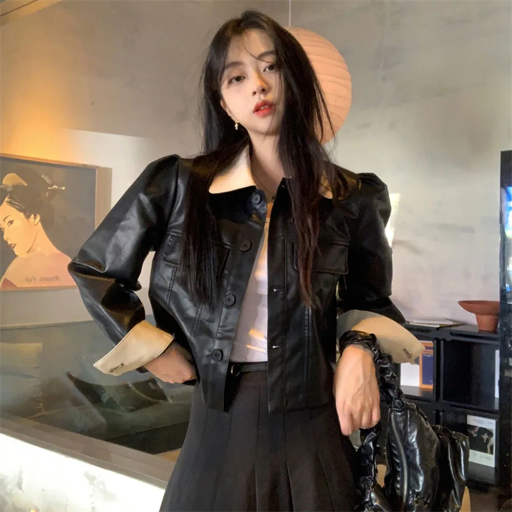 

Trendy Cool Women Leather Jacket Korean Style Long Sleeve Black PU Coat Outerwear Women Autumn 2023 New Chic Motorcycle Jackets