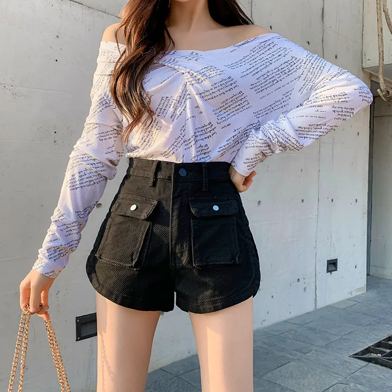 ladies shorts YUANYUANJYCO Korean Fashion Streetwear High Waisted Cotton Denim Shorts Women Summer A-Line Pockets Ladies Jean Short Bottoms fashion clothing