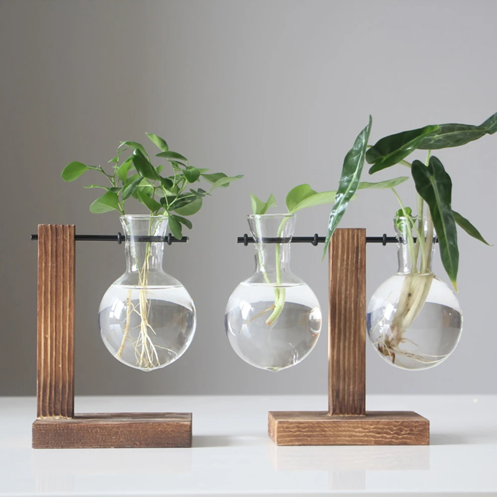 Plant Terrarium with Wooden Stand Hydroponic Planter Bulb Glass Bonsai Flower Pot Propagation Station for Indoor Home Decor