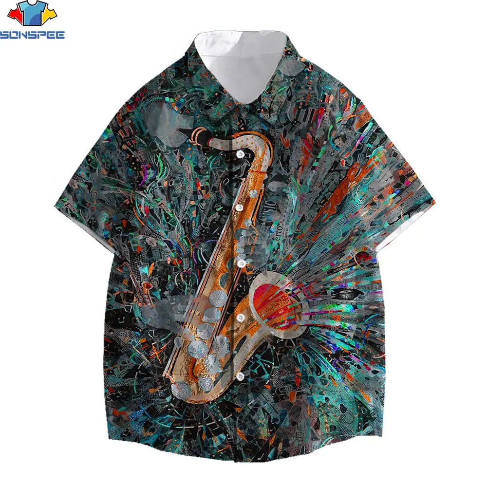 

SONSPEE 3D Print Jazz Electro Hawaii Shirt Men's Colorful Graffiti Sax Retro Punk Rock Festival Metal Line Harajuku Unisex Shirt