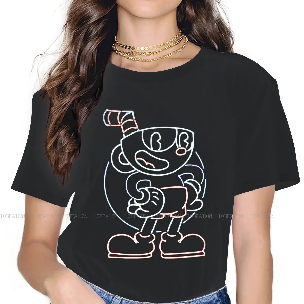 Maglietta Da Donna Al Neon Cuphead Mugman Game O Neck Girls Top 4Xl Lady T Shirt Humor Cute Gift