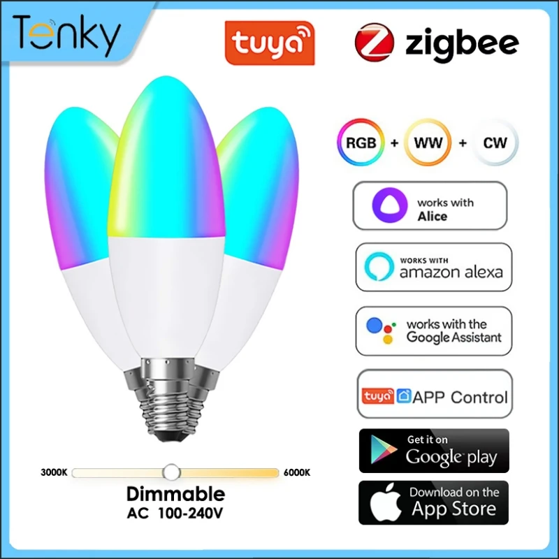 

TUYA Zigbee Smart Lightbulb Candelabra European E14 RGB+CCT 5W Dimmable LED Light Bulb Via Alexa Google Home Yandex Alice