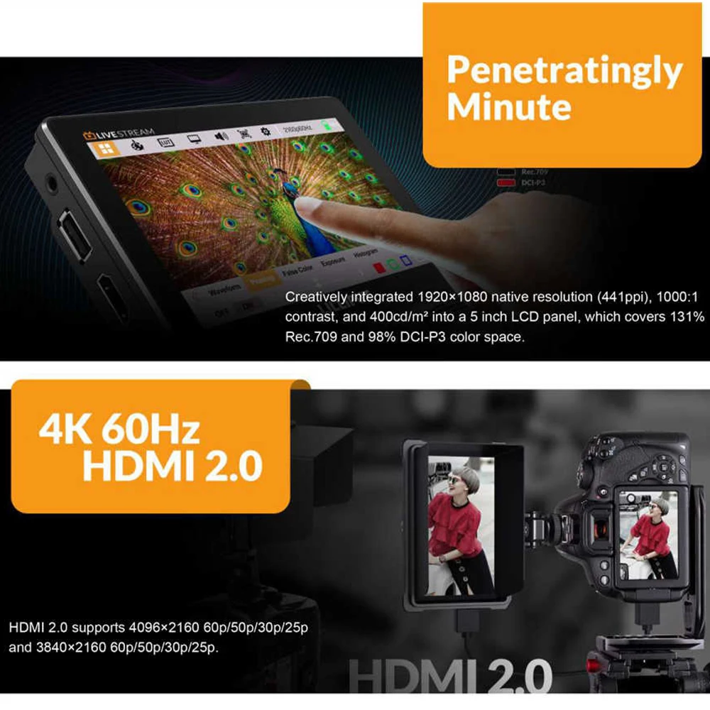 LILLIPUT T5U HD 5 Inch 4K Monitor Touch Screen HDMI-compatibl On-Camera Director External Output to USB for Live Streaming Video