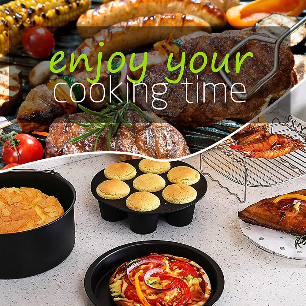 7 Inch/8 Inch Air Fryer Accessories Set Food-grade Airfryer Accessories with Cake Basket Pizza Pan Stainless Steel Skewer Rack 4