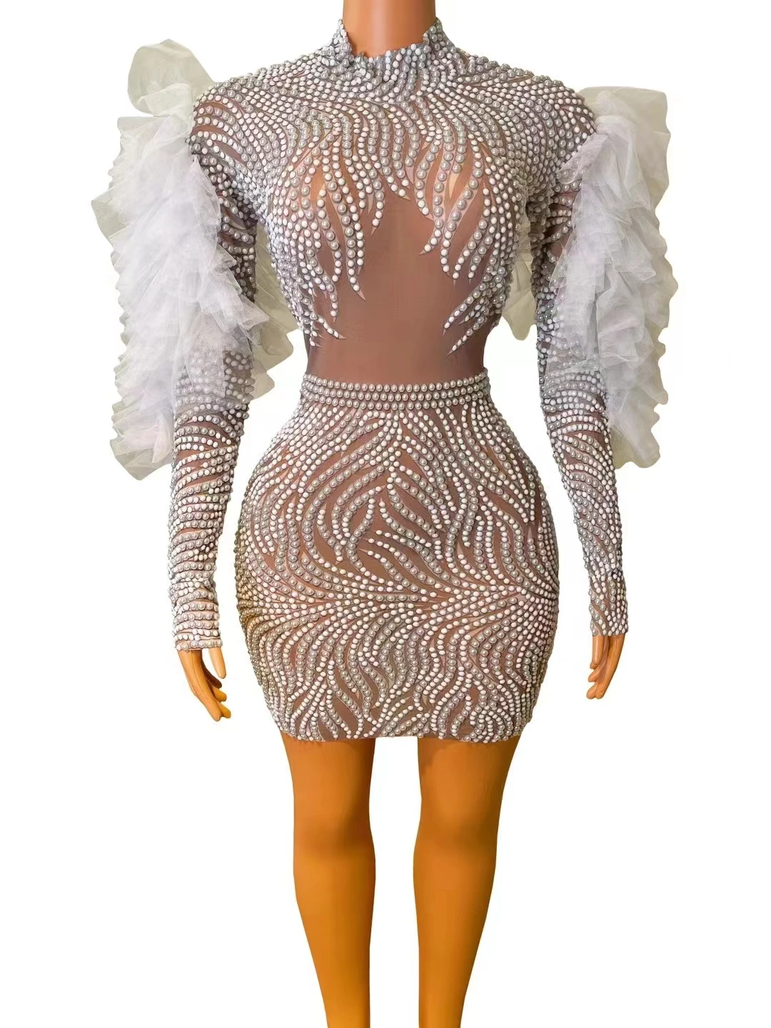 

CustomizedHiah Shoulder MeshlaceTransparent High Elastic Pearl Sexy Tight DressBirthday Party Dress Performance Longuette A452