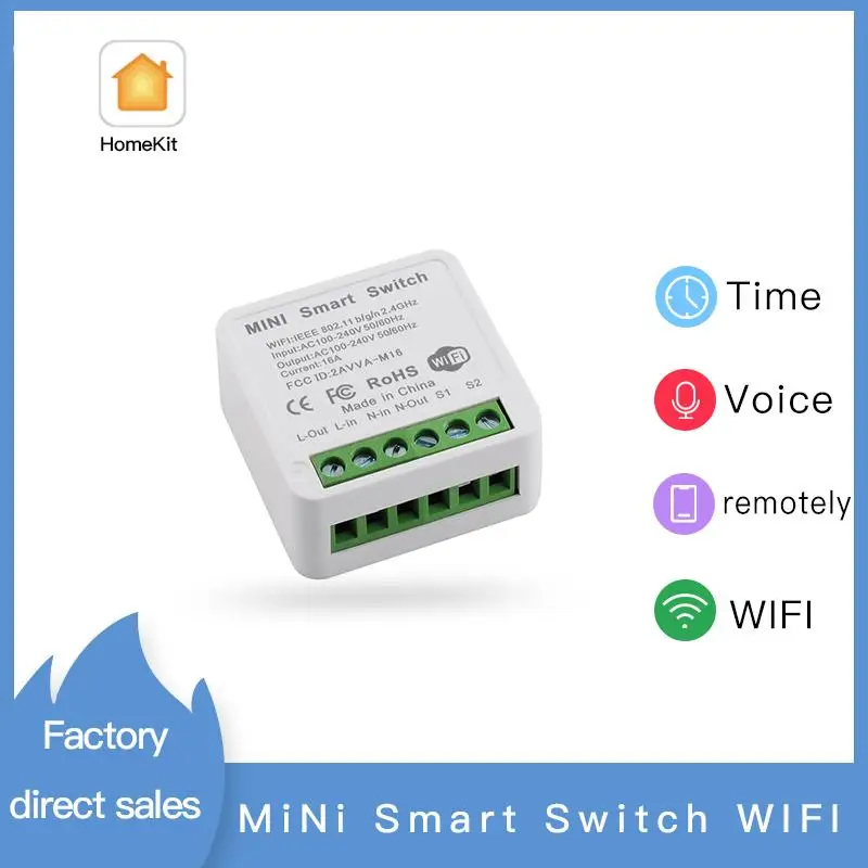 

HomeKit 16A WiFi mini Smart Switch Pass-through Disconnect Dual Control Outlet Siri Voice Contro Works With Apple HomeKit