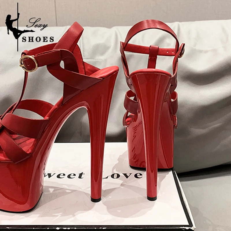 Women's Summer Leather Sandals Large Size Pole Dance Shoes Stripper Show Super High Heels 8Inch Platform Party Club Wedding Shoe
