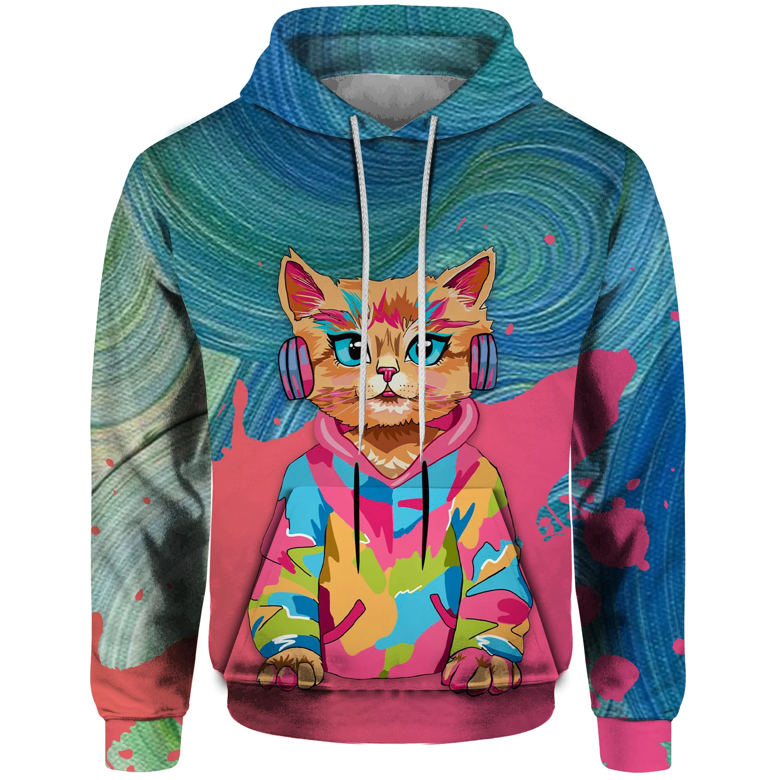 thumbnail image 1 of Sudadera con capucha de otoño para hombre, holgada, informal, con estampado gráfico de DJ Cat y conejo mecánico, sudadera con capucha, ropa urbana Harajuku, 1 of 4