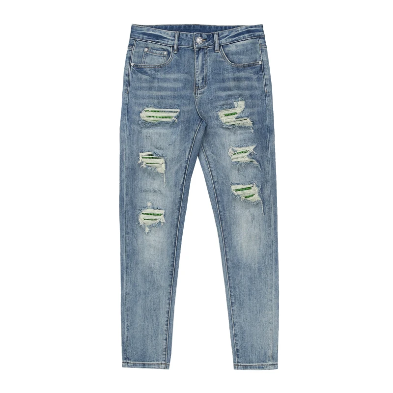 Ripped Jeans Men\'s Summer Thin Elastic Soft Comfortable Breathable Street Fashion Slim Fit Skinny Blue Casual Pants