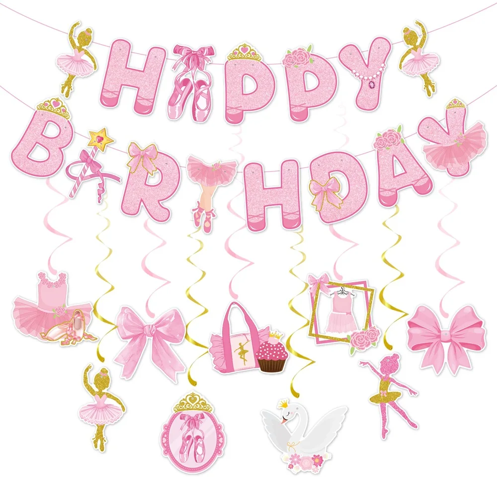 Rosa Ballett-Themenpapier, alles Gute zum Geburtstag, Banner, Wirbel, Hängegirlande, Foto-Requisiten für Kinder, Mädchen, Geburtstag, Babyparty, Party-Dekoration