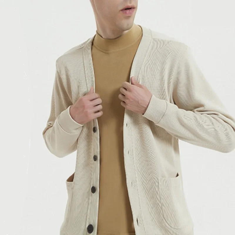 Spring Autumn Men's Cotton Knitwear Long Sleeve V-Neck Knitted Jacket Solid Color Loose Casual Cardigan Sweater