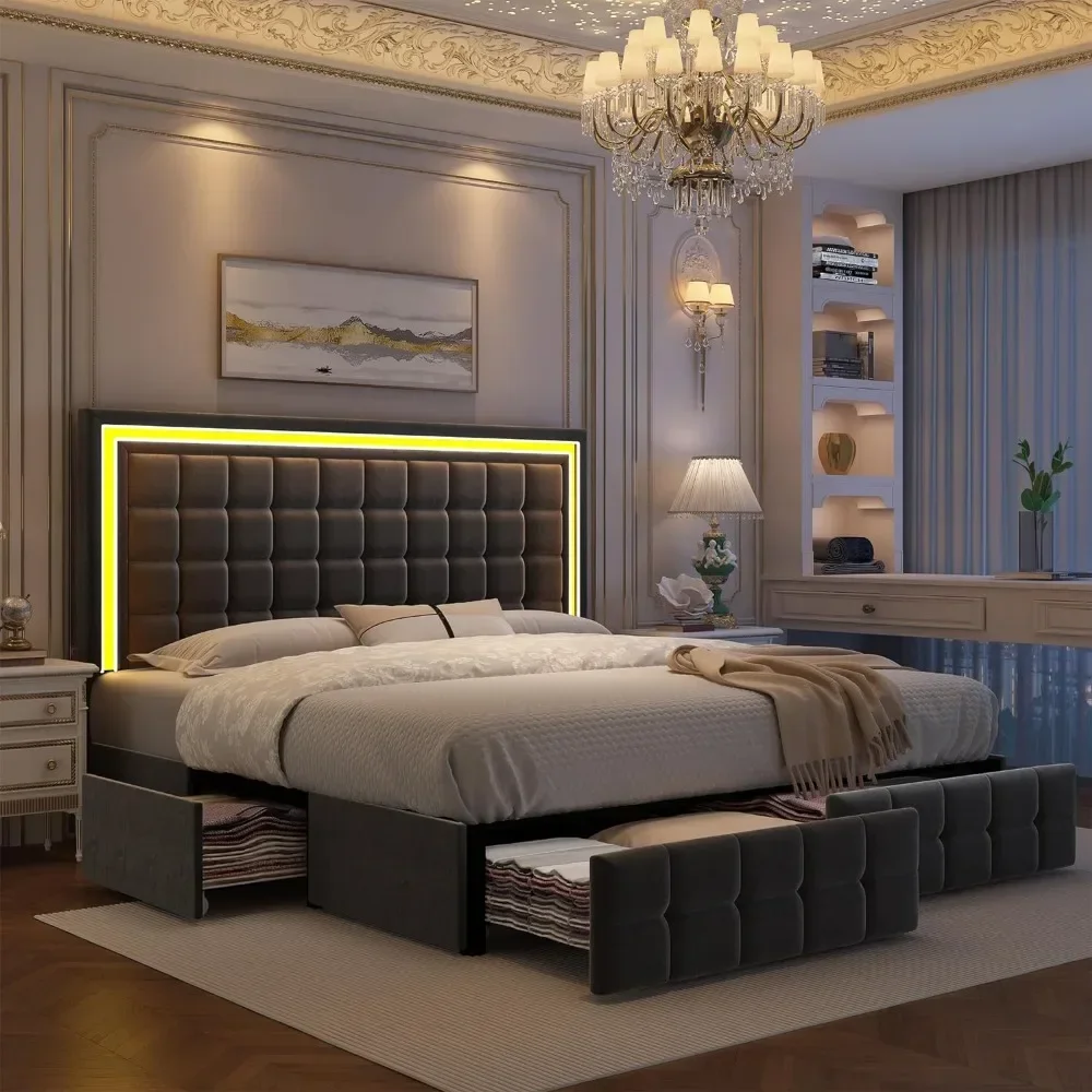 LED bed frame, large with 4 drawers, adjustable upholstered headboard platform bed with wooden slatted support, bed frame