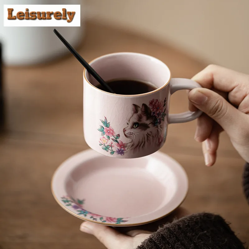 150ml Pink Ru Kiln Flower Cat Coffee Mug With Plate Beer Cup Afternoon Tea Mug Household Cup Saucer Kit Teaware Decoration Gift