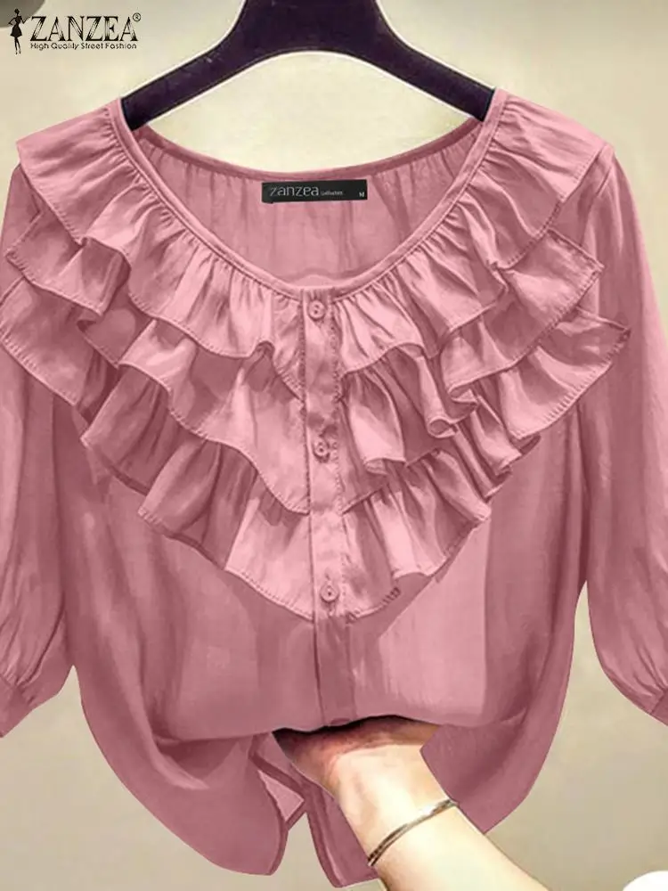 

Женская Элегантная блузка в стиле пэчворк ZANZEA, летняя рубашка с V-образным вырезом и рукавом 3/4, стильные однотонные топы с оборками, повседневные рабочие платья на пуговицах