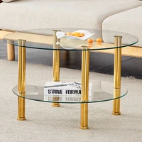 Table basse moderne à 2 niveaux en verre avec pieds en métal doré, robuste, spacieuse, minimaliste, meubles de luxe pour salon 1