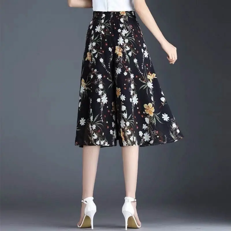 Summer Women's Thin Casual Skirt Pants Loose High Waist Floral Fragmented Wide Leg Cropped Pantskirt