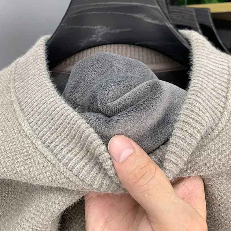 Winter Men's Warm Fleece Sweater O-Neck Embroidered Casual Knitted Inner Lap Pullovers Thick Thermal Underwear Sweater 2