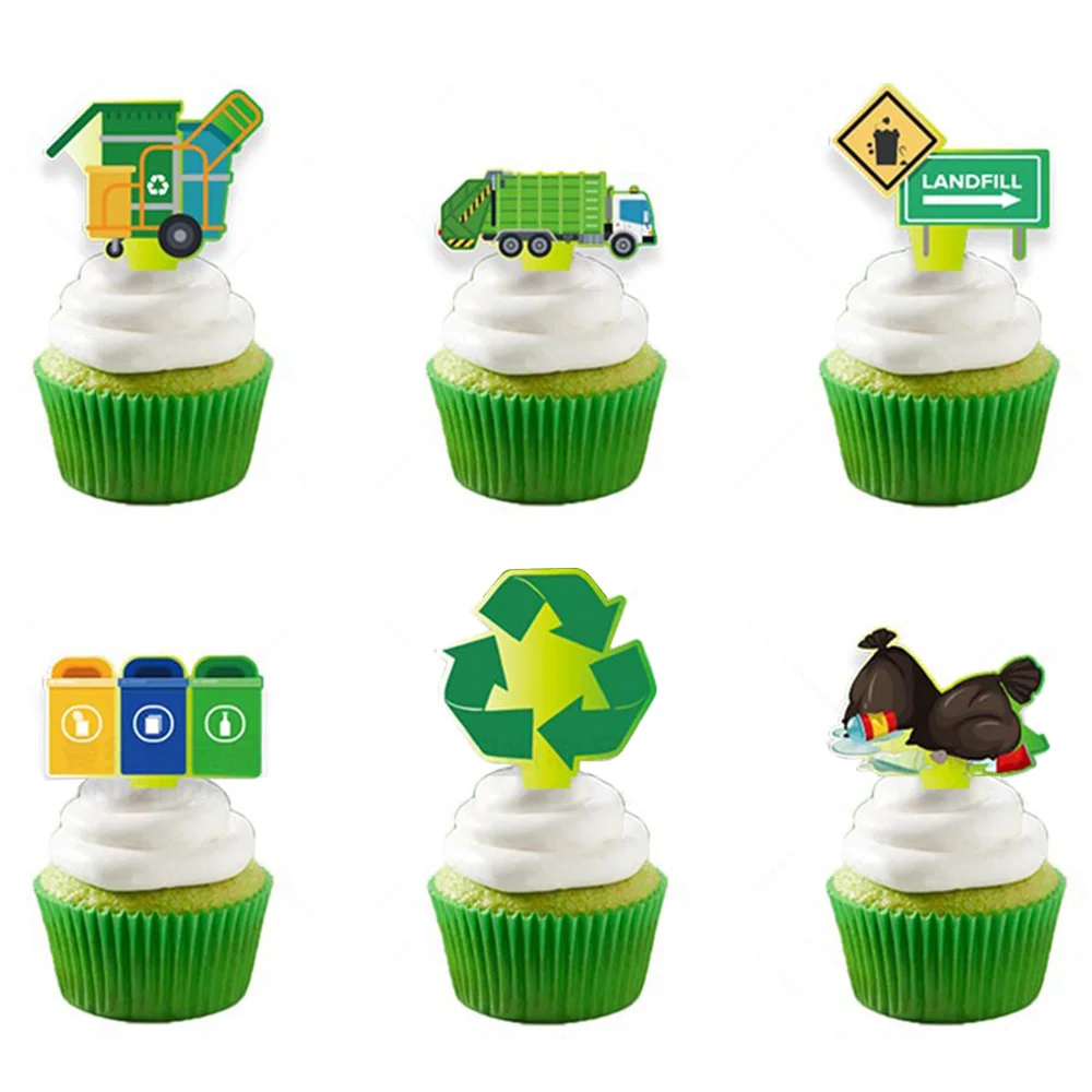 

36pcs Garbage Truck Birthday Cake Decorations Trash Truck Cupcake Toppers for Kids Waste Management Recycling Party Supplies