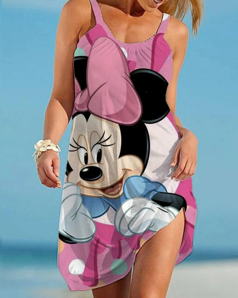 

Streetwear Boho Women O Neck Dress Summer Sexy Beach Dress Disney Minnie Mouse 3D Printed Italian Spaghetti Strap Dress