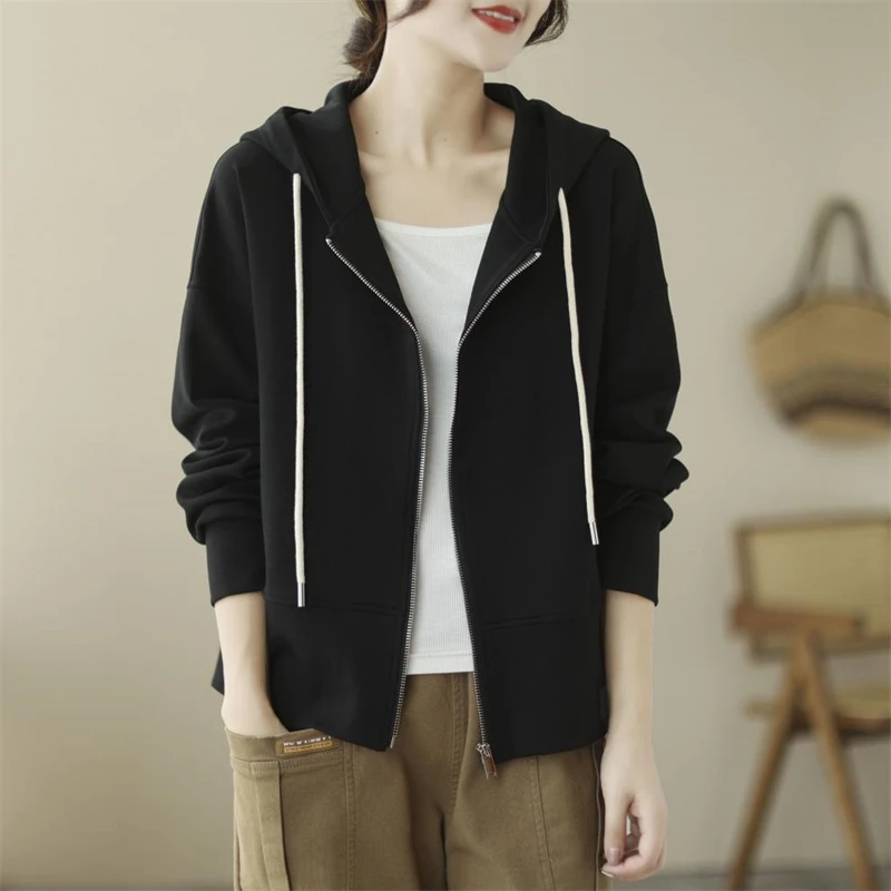 Women Trendy Simple Casual Streetwear Hooded Sweatshirts Y2K Female Autumn Solid Cotton Loose Long Sleeve Zipper Hoodies Jackets