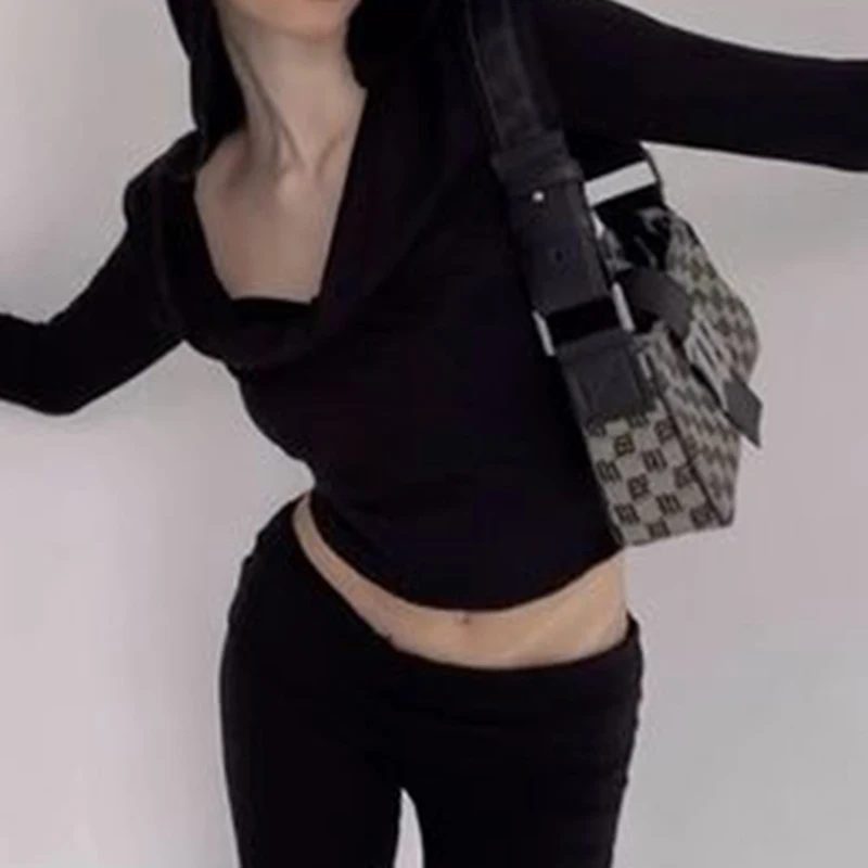 Basic Slim Fit Hooded Crop Top Elastic Long Sleeve Women Black Casual T-shirt Casual Swinging Collar Hoodies Pullover