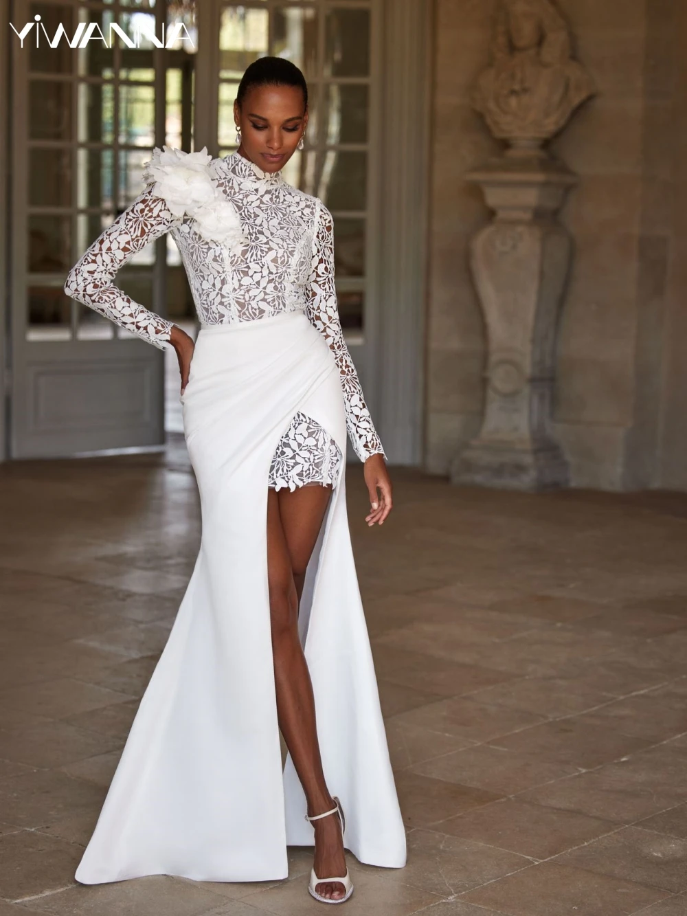 

Modest High Collar Long Sleeve Wedding Dress Classic Lace Appliques Bride Robe Elegant Satin Long Bridal Gown Robe De Mariée