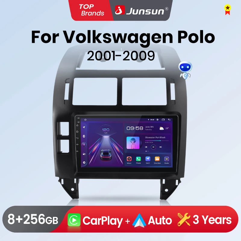 Radio para Auto Junsun con CarPlay Inalámbrico y Android Auto para Volkswagen Polo Mk4 2001-2011, 2 DIN, Multimedia Estéreo con Ventilador Integrado, Navegación GPS, SWC, Bluetooth, FM, RDS, DSP, Pantalla IPS, Sistemas Inteligentes para Auto, 4G, WiFi, 8 Núcleos, Plug&Play 1